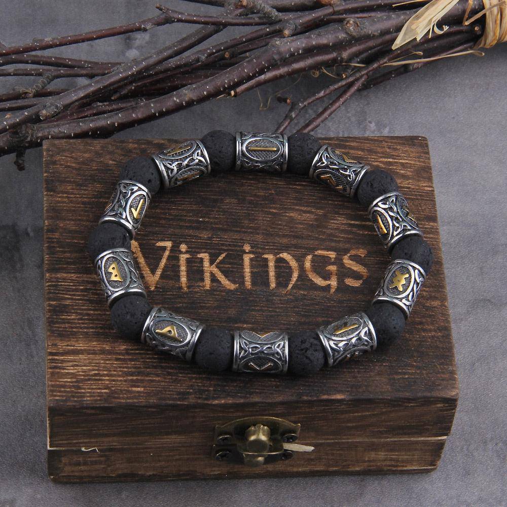 Lava Stone Bracelet Norse Runes 5 Beads / 20-23cm (7.8-9inch)