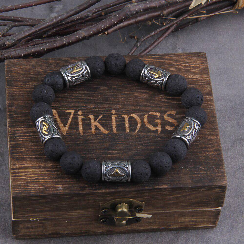 Lava Stone Bracelet Norse Runes 5 Beads / 20-23cm (7.8-9inch)