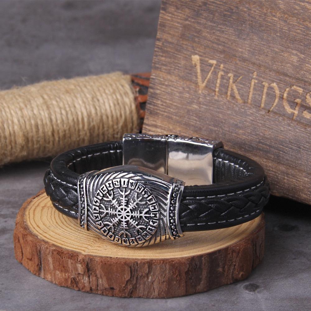 Leather Viking Bracelet Vegvisir & Valknut