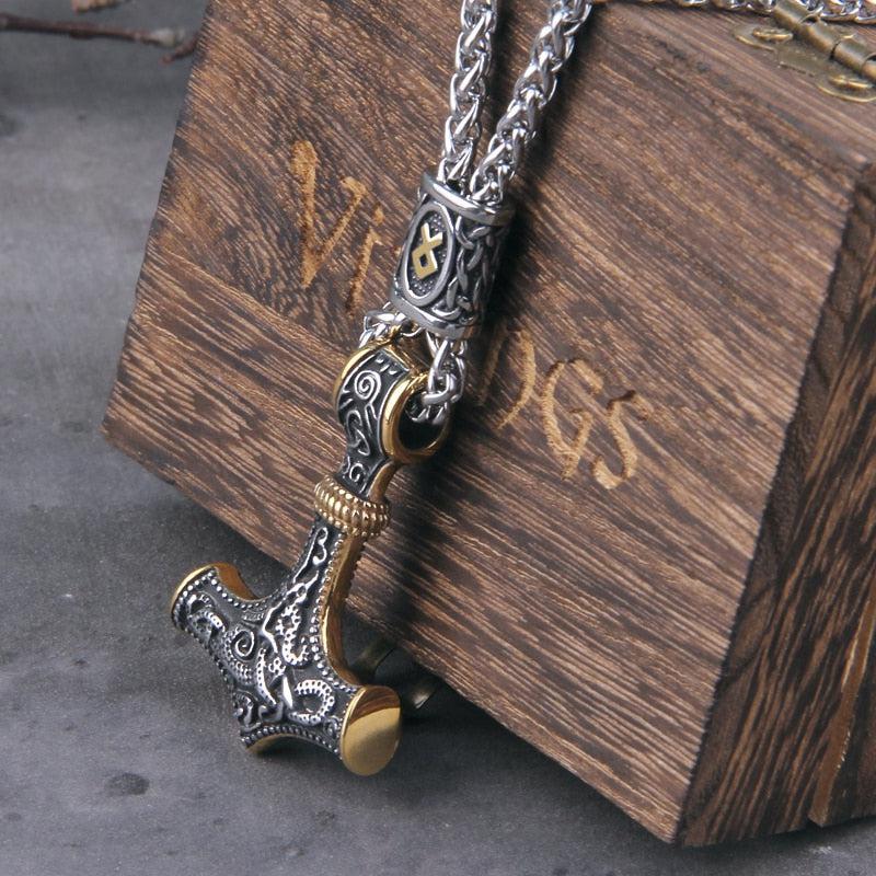 Stainless Steel Valknut and Skull Mjolnir Necklace - Norse Spirit