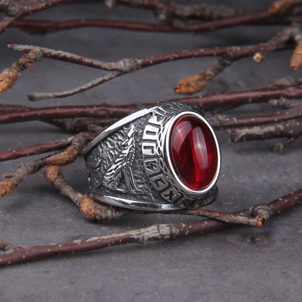 Viking Ring Red Gemstone